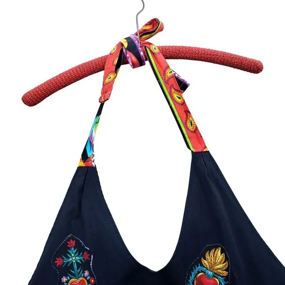 Frida Kahlo Bib Apron Colorful Handmade Black Cotton Plus Size XL Pockets - Picture 9 of 12